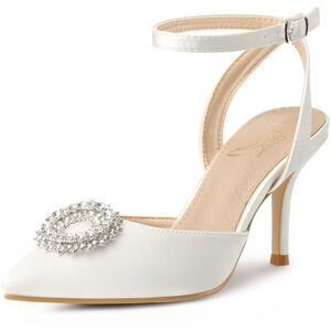 Rhinestones Ankle Strap Stiletto Heel Pumps White